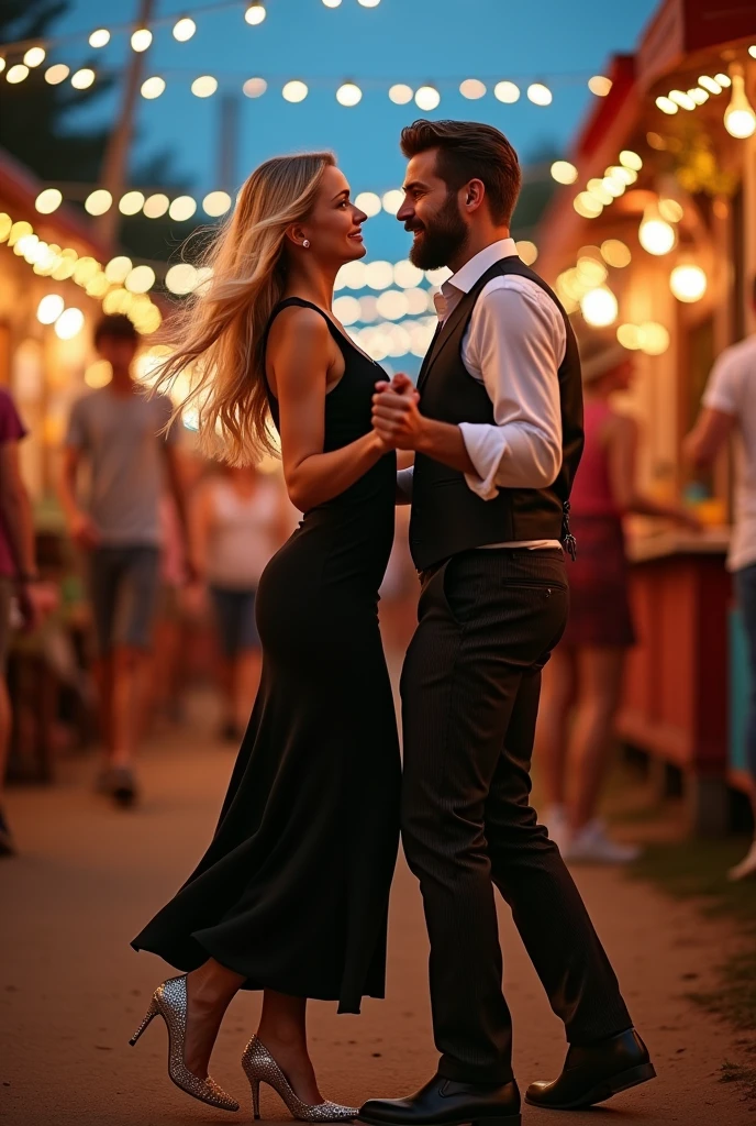 Create a realistic image of a 20 year old woman, long blond hair, blue eyes, cheekbones, ((full body)) dressed in a black dress, silver heeled shoes, dancing with a bearded man, the man is dressed with pleated pants, shirt and bartender vest, background image a village festival head to toe, full body