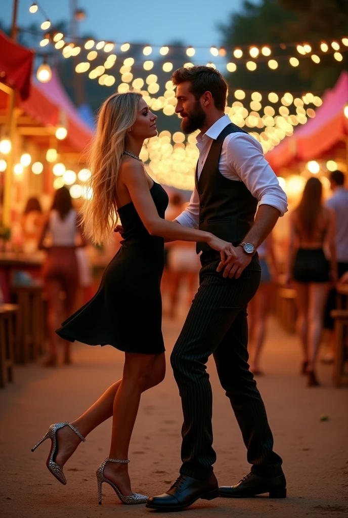 Create a realistic image of a 20 year old woman, long blond hair, blue eyes, cheekbones, ((full body)) dressed in a black dress, silver heeled shoes, dancing with a bearded man, the man is dressed with pleated pants, shirt and bartender vest, background image a village festival head to toe, full body