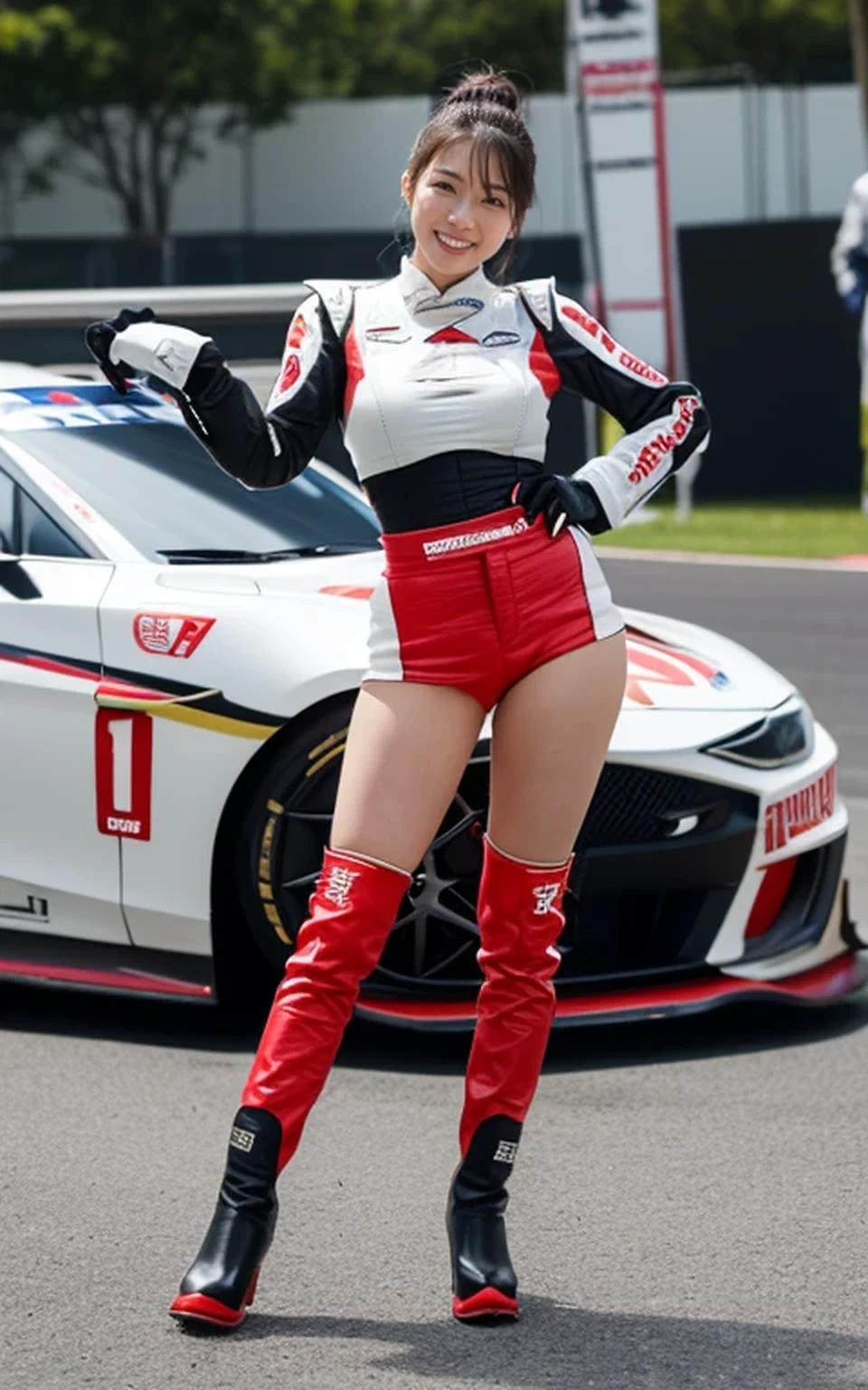 (8k, best quality, masterpiece, Body of the best proportion,:1.3), (A Japanese race queen, tall, glamor, sexually flattering clothing, boots, Posing as a fashion model, smile:1.2), (racing circuit:1.3), (huge breasts)