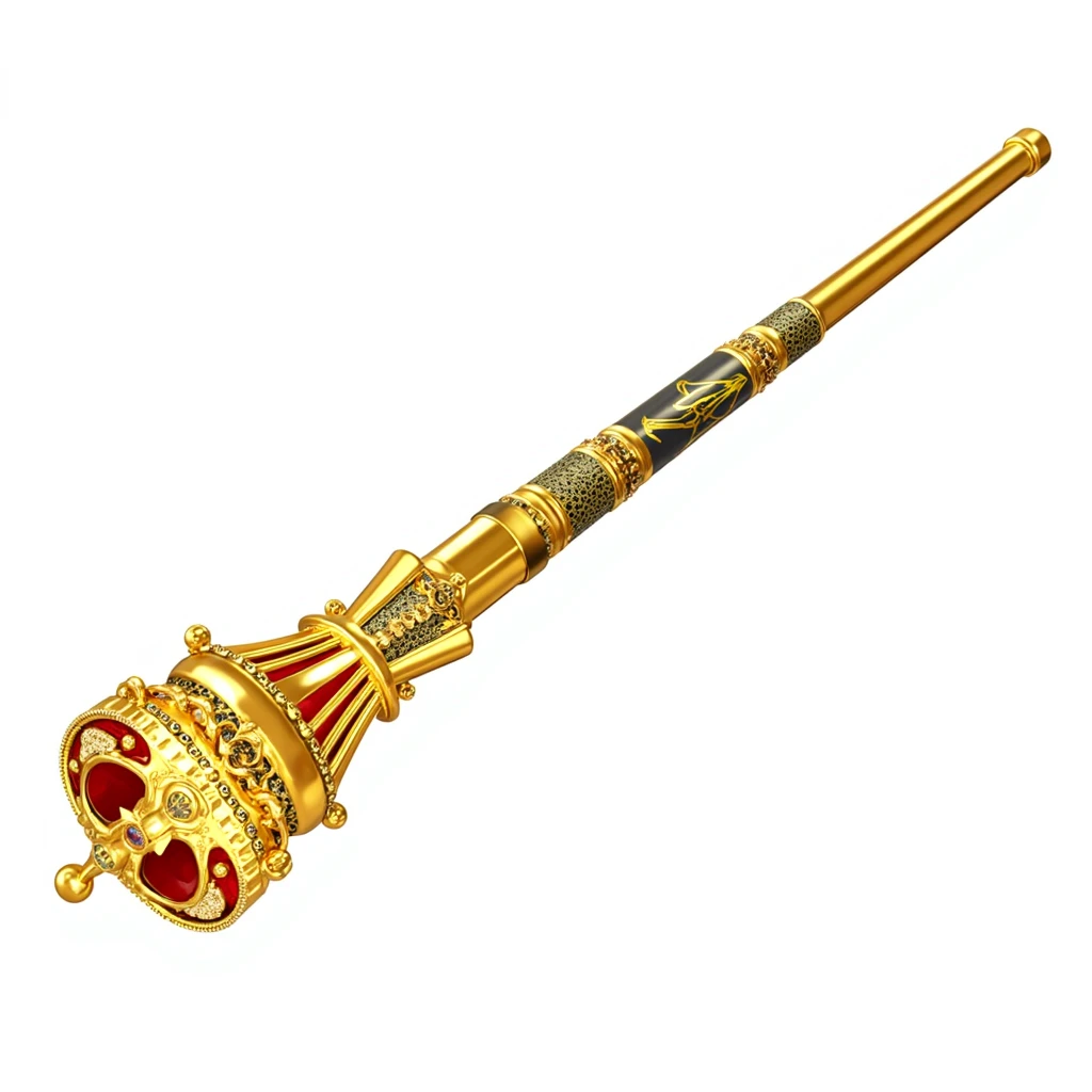 (masterpiece, top quality, best quality, official art,beautiful and aesthetic:1.2),(4k,8k, best quality,masterpiece:1.2),(((white background))), solo,Game item, a scepter, a golden scepter in the shape of a crown with a red gemstone embedded on top, representing authority and power. It has a European style with a clear and accurate structure, modern realistic representation, and consistent lighting that looks natural and believable.
