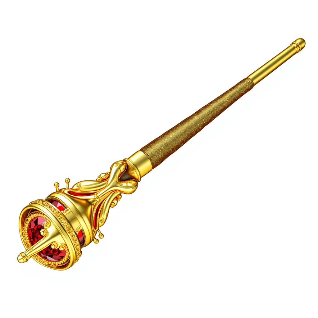 (masterpiece, top quality, best quality, official art,beautiful and aesthetic:1.2),(4k,8k, best quality,masterpiece:1.2),(((white background))), solo,Game item, a scepter, a golden scepter in the shape of a crown with a red gemstone embedded on top, representing authority and power. It has a European style with a clear and accurate structure, modern realistic representation, and consistent lighting that looks natural and believable.