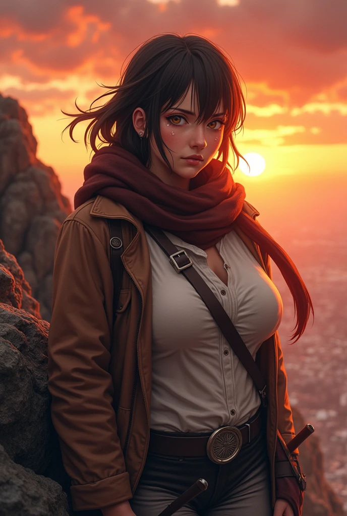 Japanese woman, Mikasa Ackerman, chubby-plump, Attack on Titan Real life Skena anime inspiration, sword, dark brown scarf, shoulder strap, white shirt with all buttons open and brown jacket, big shirt, leaning back on the rocks, with a sigh of relief, sweating profusely, intense and cynical gaze, standing firm on the highest rocky hill, view of the sunset, HdR, gust of wind.