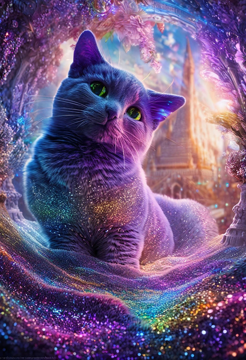 stuffed cat, fantasy world, glitter effects, conceptual installation art, (ultra detailed, absolutely resolution, best quality:1.3), 2.5D, delicate and dynamic, iridescent effects, artistic, hyper, graphic CG digital art