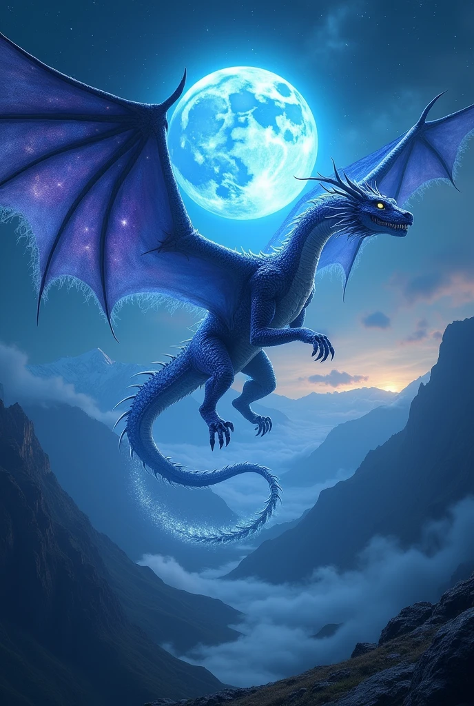 Dragon flying on thw sky in blue moon