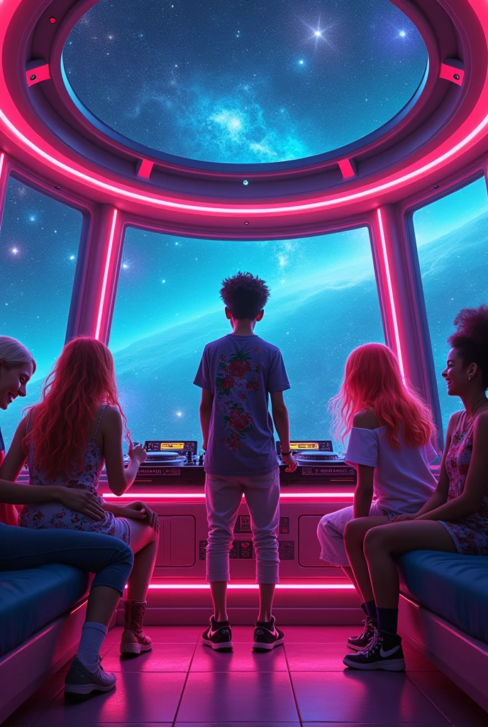 A short, dark-skinned teenage DJ with his friends in space 