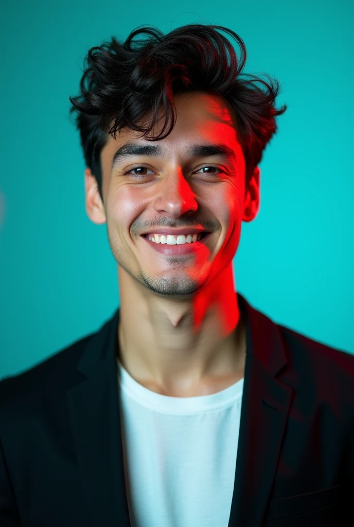 A young man with dark hair and a confident smile. He is dressed in a black blazer over a white shirt. The man is positioned against aqua colour backdrop with a subtle red lighting on the left side. and he posing for Linkedin profile