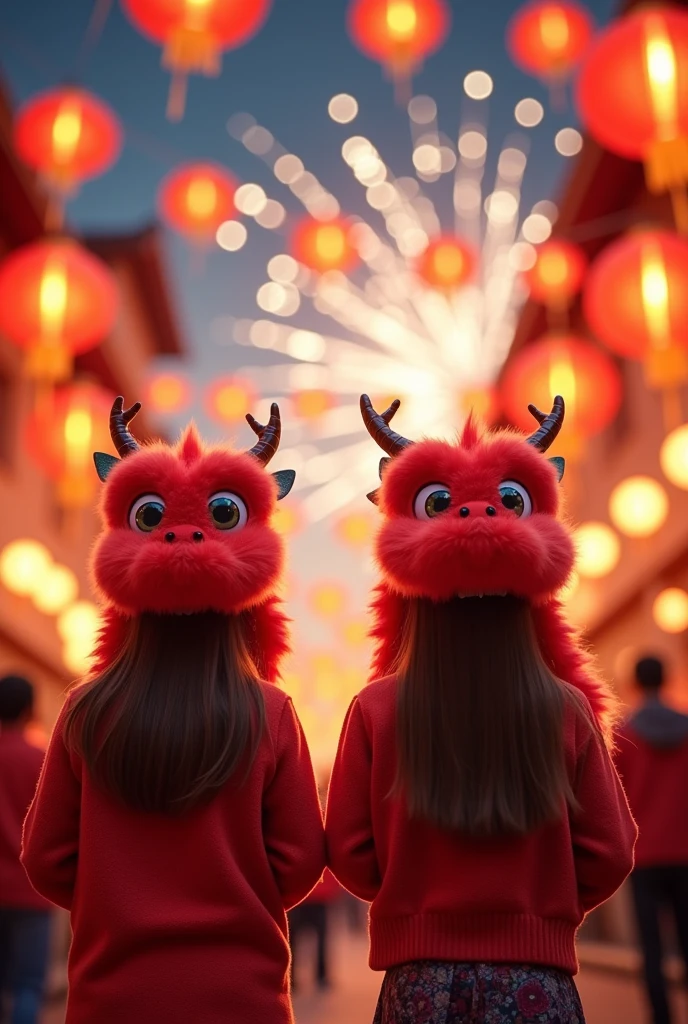 Chinese Spring Festival, there are lanterns, firecrackers, fireworks, and cute red dragons lying on the heads of young girls,