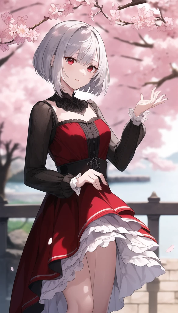 masterpiece, best quality, intricate,  short stylish hair, silver hair, red eyes, dress, frills, 
outdoors, cherry blossoms, depth of field, Full Handsome attractive boy