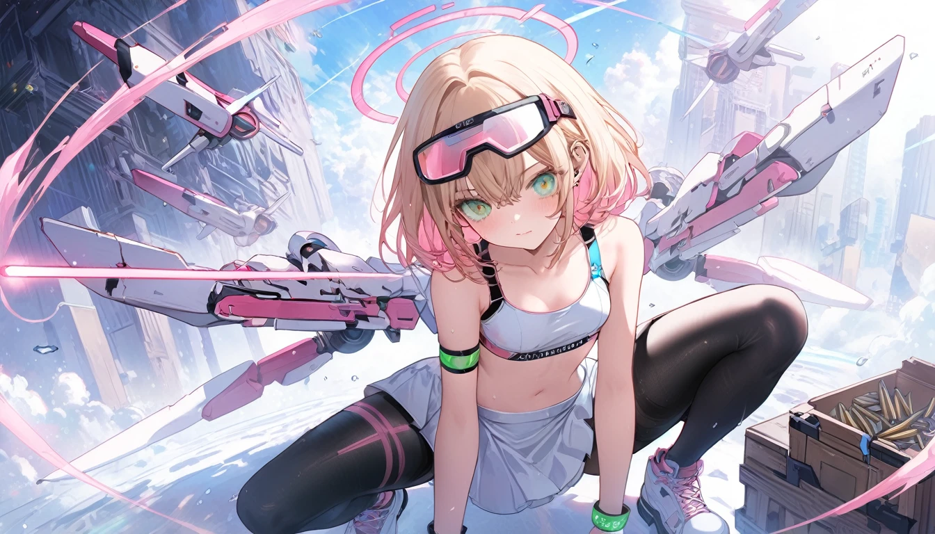 beautiful mechanical girl, she has medium bob cut blonde hair, green eyes, expressive eyes, from center, pov, looking at viewer, Sexy calves, naked calves, skinny breasts, kawaii shooting wear, sports shooting bra, summer_uniform, sexy stomach, ((black leggings)), kawaii white sneakers, mechanical sports pilot suits, kawaii sports outfit, mechanical mini thrusters on her back, side booster on her shoulders, she is holding laser knife, (shooting visor glasses), communications equipment, green light wrist band, she is equipping smart watch, holster on thigh, tight skirt, holding laser sword, skinny breasts, in cyber arena, she is holding sports toy light green long rifle, soft smile, perfect anatomy, high_res, 8k, cg, masterpiece, supply box, abandoned bullets, she is assertive, inspired by sakimichan, pixiv, art station, unity wallpaper, caldari,one knee, holding gun,holding weapon, zoom layer,full body,IncrsNikkeProfile