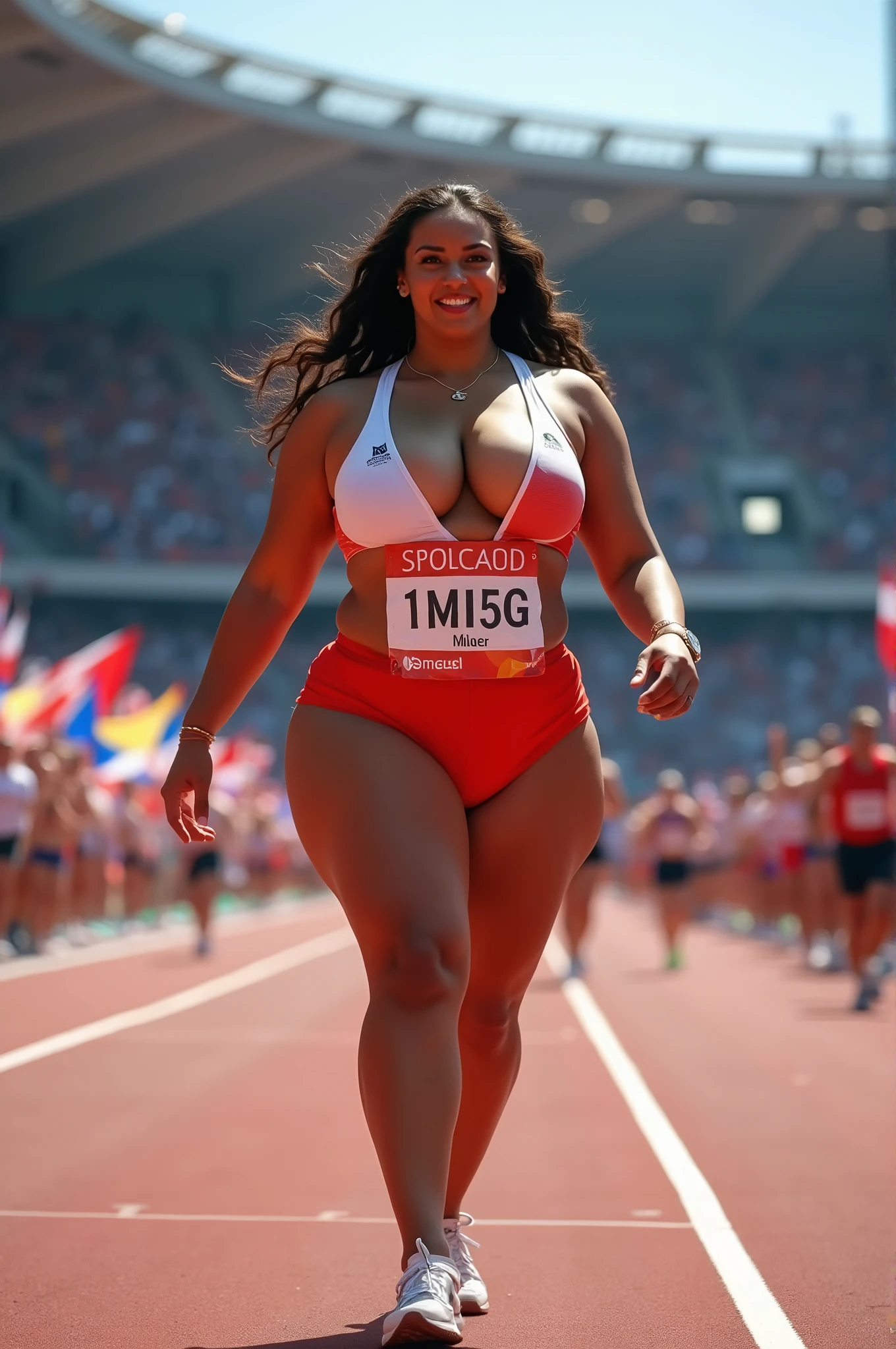 Olympic athlete,fat female Olympic marathon race,with a large breasts, big breasts!, thicc,alluring plus sized model, voluptuous body