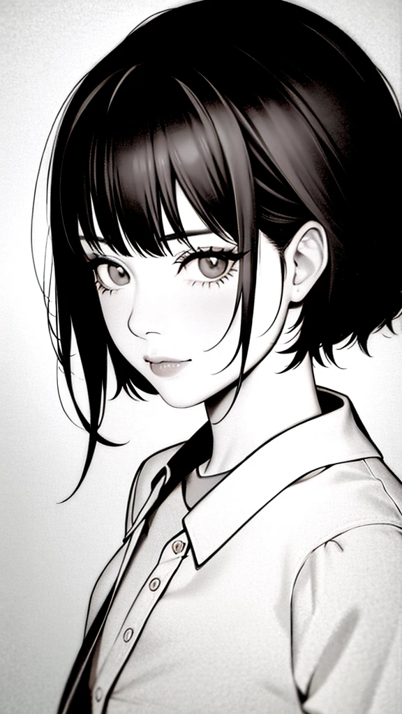 1girl, solo, monochrome, greyscale, short black hair, portrait, shirt, closed mouth, looking at viewer, sketch, graphite \(medium\), small lips, hatching \(texture\), without makeup, bangs,