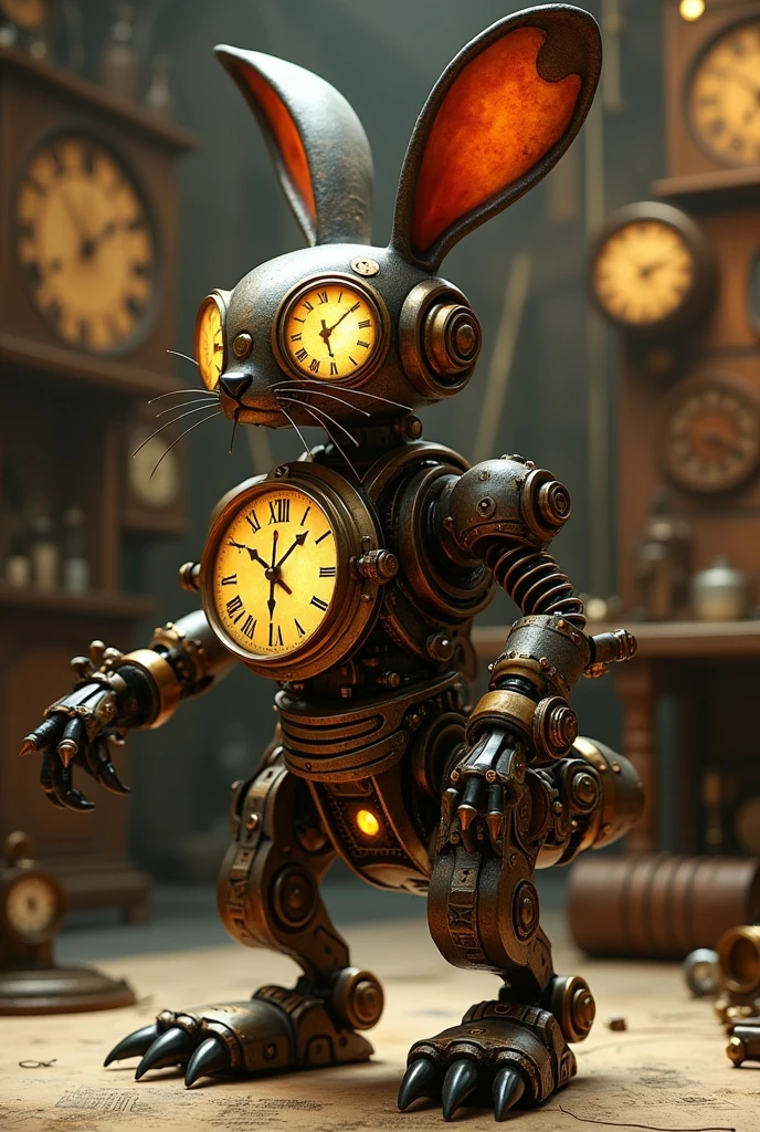 (best quality, masterpiece, ultra detailed), A mechanical rabbit with a large clock face in the center of its face, clock hands that move instead of eyes, gears and springs exposed on parts of its body, numbers on the clock face that glow in the dark, strong hind legs characteristic of rabbits, metal claws on its front legs, a tail that looks like a clock pendulum,