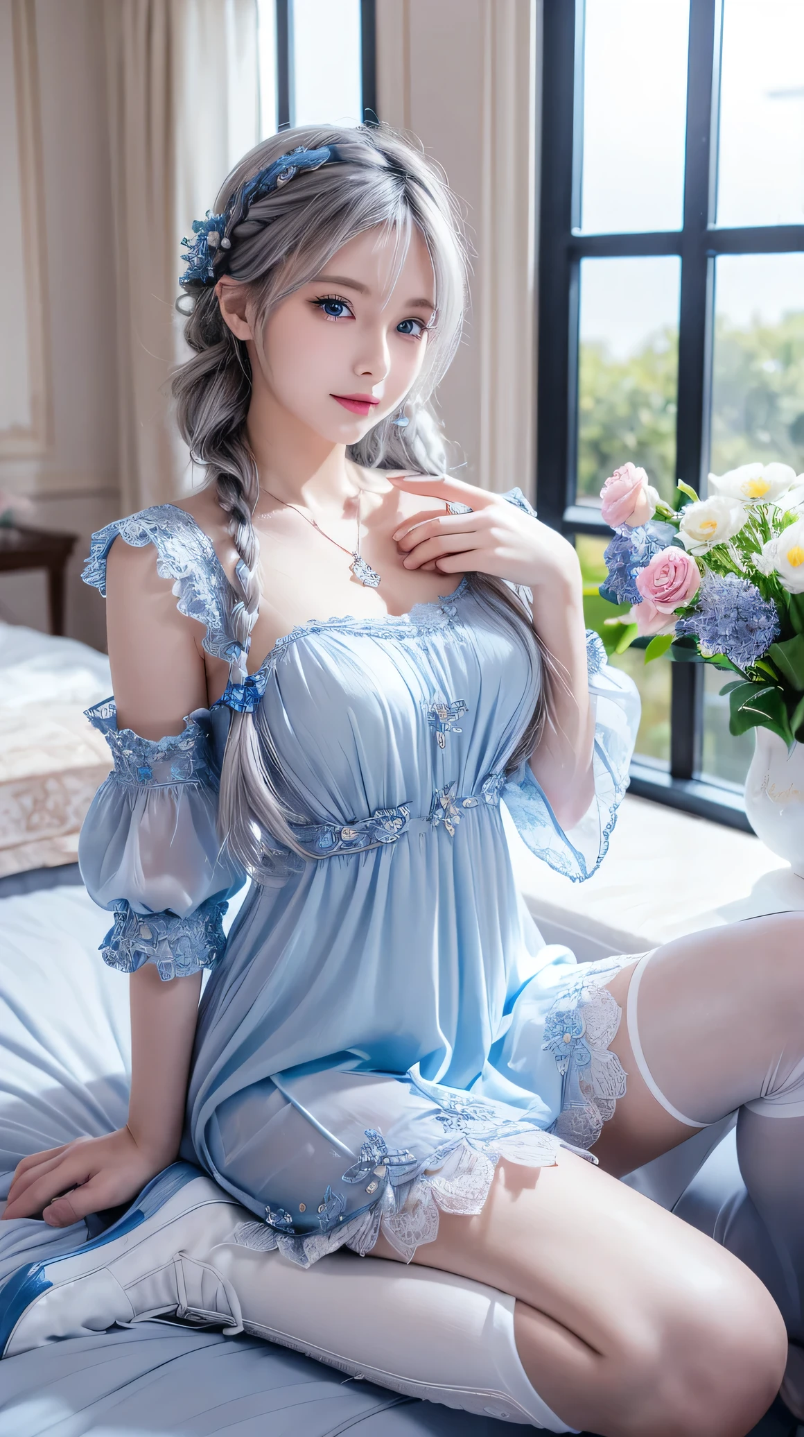 (Image above),Dynamic Angle,Very detailed, shape, straight, 1 person, (Fantasy:1.4), (Bright Blue Eyes:1.233),Her eyes shone like dream-like stars,(Glowing Eyes:1.233),(Beautiful and delicate eyes:1.1),(Silver Hair:1.14),(Messy Hair,Very long hair,French Braid,Hair between the eyes,Side Lock), (+(flower:1.14)),(Chiffon dress,青いflower柄)/=(uniform:1.24),(Do not use sleeves,Wide sleeves),(gloves),necklace,(Micony high socks),High heel boots,(Embarrassing),(obstinacy), (Located in a white old palace、Classic princess bedroom with vanity and French windows),(白いflower,bloom),(Dull Blue World Tree:1.14),(what&#39;Left behind),(night:1.2),dream-like,soul,(fluorescence), [[Thin fingers and hands:0.55]::0.85],(Finger details),(Soup Packet:0.5)、beret、Lady、18-year-old、Large Breasts, Highest quality, Very detailedな, Beautiful lighting, Beautiful views, Mild hot flashes, smile, ((masterpiece)), (anime:1.5), ((Highest quality)), (RAW Photos: 1.2), (Professional photography:1.2), whole body, 8k, From the side, Wide Shot,