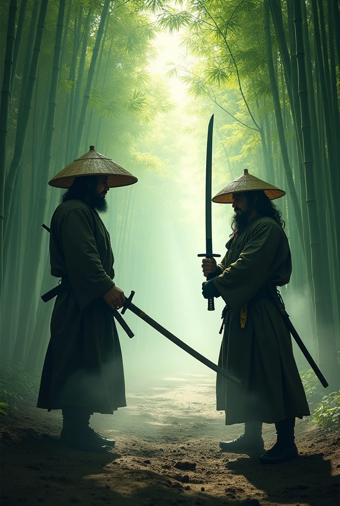 Create an atmospheric scene set in a misty bamboo forest during dawn or dusk. The focus should be on two samurai warriors standing in battle stances facing each other. Both samurai should be wearing traditional straw hats (kasa) and holding katanas, with one katana raised in preparation for combat. The light should filter through the tall, dense bamboo stalks, which should dominate the background with their vibrant green color and towering presence. The bamboo should be a prominent feature, casting intricate shadows on the misty ground. The mist adds an ethereal quality to the scene, while the slightly wet ground reflects the bamboo and the warriors, enhancing the overall composition