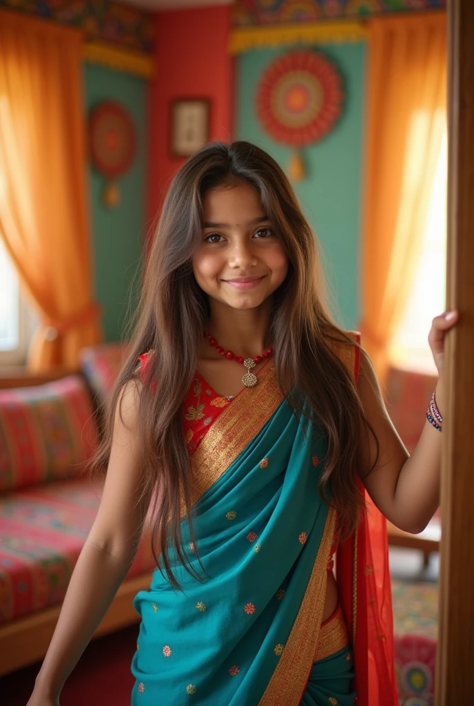 Mirror selfie with cute girl with long hair in sari