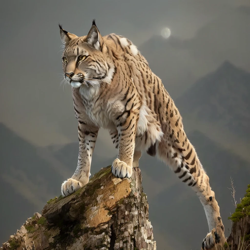 arafed Bobcat standing on a rock in the mountains, anthropomorphic Bobcat, Bobcat, A bobtail cat standing alone on a log, young Bobcat, Sharp claws and tail, Leonardo da Vinci, Caracal, Hybrid Animals, Beautiful nature, Tough predatory gaze, Big Cat, Sharp claws, Spotted Surreal, Fantastic Beasts, Smilodon, pounce