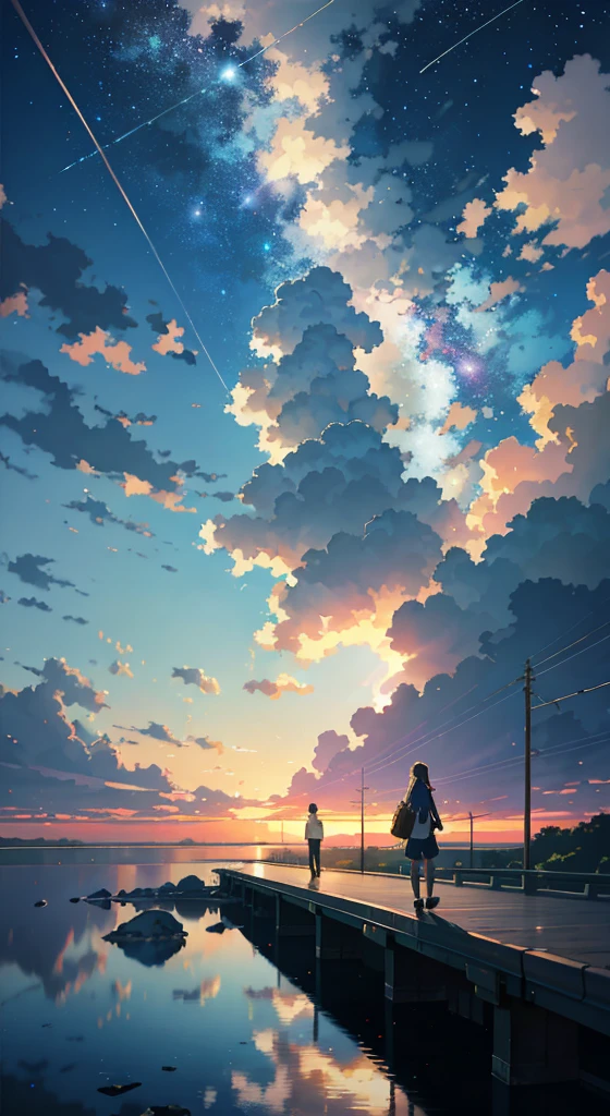 High quality masterpiece ,scenecy,Anime train passing through bodies of water on tracks, starrysky。Romantic train,Pisif,concept-art,Lofi art style,Reflectors。 By Makoto Shinkai, Lofi art, beautiful anime scenes, Anime landscapes, Detailed scenery —width 672, in the style of makoto shinkai, Makoto Shinkai's style,Detail enhancement。