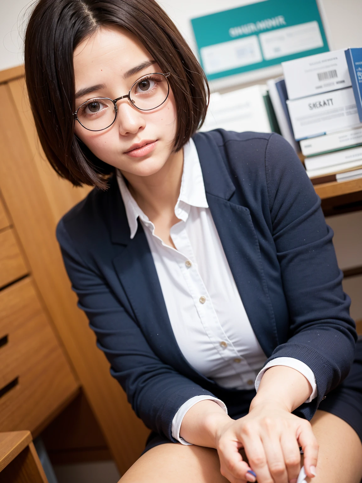Top Quality, A beautiful, short-haired woman with an intelligent and sophisticated look, laugh, wearing stylish eyeglasses that accentuate her sharp, inquisitive eyes. Her hair is neatly styled in a modern, short cut that complements her facial features, giving her a sleek and polished appearance. She is dressed in a crisp, professional outfit, perhaps a blazer or a blouse, with subtle details that highlight her refined taste. suggesting her intellectual nature. The background is a minimalist office or library, with soft lighting that enhances her calm and focused demeanor."