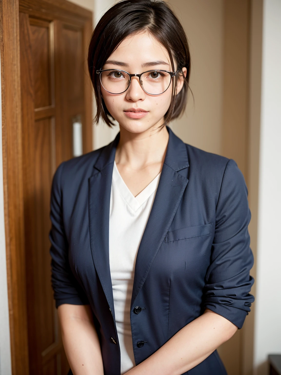 Top Quality, A beautiful, short-haired woman with an intelligent and sophisticated look, laugh, wearing stylish eyeglasses that accentuate her sharp, inquisitive eyes. Her hair is neatly styled in a modern, short cut that complements her facial features, giving her a sleek and polished appearance. She is dressed in a crisp, professional outfit, perhaps a blazer or a blouse, with subtle details that highlight her refined taste. suggesting her intellectual nature. The background is a minimalist office or library, with soft lighting that enhances her calm and focused demeanor."