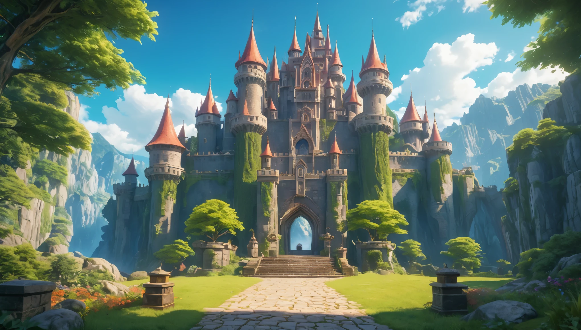 (anime, fantasy, magic school), (detailed CG unity 8k wallpaper, masterpiece, best quality, ultra-detailed, HDR:1.2), {4k texture, detailed texture}. a magic school, stone castle, grandeur, gigantic scale. depth of field, detailed matte painting, vibrant color, intricate detail, splash screen, complementary colors, fantasy concept art, Unreal Engine 5