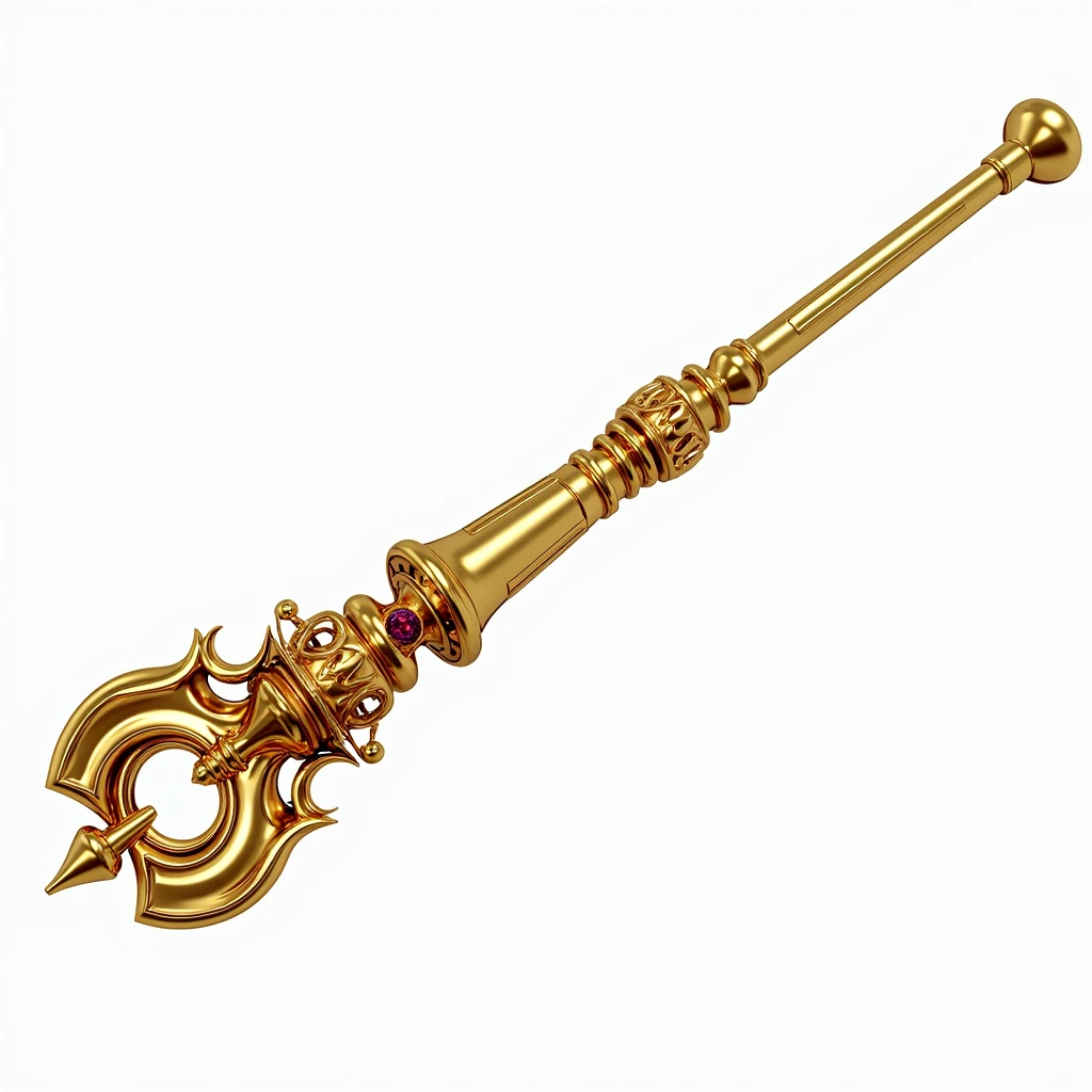 (masterpiece, top quality, best quality, official art,beautiful and aesthetic:1.2),(4k,8k, best quality,masterpiece:1.2),(((white background))), solo,Game item, a scepter, a golden scepter in the shape of a crown with a red gemstone embedded on top, representing authority and power. It has a European style with a clear and accurate structure, modern realistic representation, and consistent lighting that looks natural and believable.