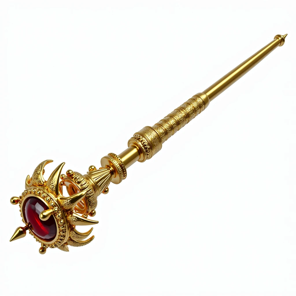(masterpiece, top quality, best quality, official art,beautiful and aesthetic:1.2),(4k,8k, best quality,masterpiece:1.2),(((white background))), solo,Game item, a scepter, a golden scepter in the shape of a crown with a red gemstone embedded on top, representing authority and power. It has a European style with a clear and accurate structure, modern realistic representation, and consistent lighting that looks natural and believable.
