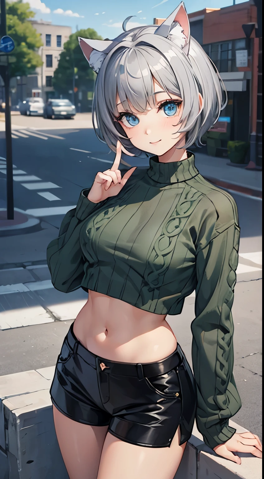 (masterpiece), (best quality), (High quality), expressive eyes, perfect face, 1girl, (grey cat ears: 1.5), BREAK, (medium hair, grey hair, pixie cut), BREAK, (big eyes, perfect eyes, blue eyes, thick eyelashes), BREAK, (thin eyebrow), BREAK, (short height), slim bulid, BREAK,  shy smile, BREAK, (medium breasts), BREAK, (green cropped sweater: 1.4), (black shorts: 1.4), BREAK, (standing), ((moe heart sign)), cowboy shot, full body, view from above, (city background), looking at the viewer