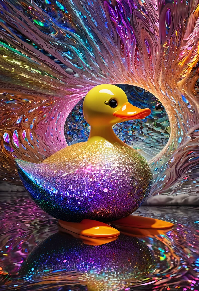 stuffed duck, fantasy world, glitter effects, conceptual installation art, (ultra detailed, absolutely resolution, best quality:1.3), 2.5D, delicate and dynamic, iridescent effects, artistic, hyper, graphic CG digital art