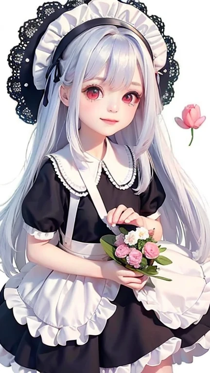 masterpiece, Highest quality, One person, 一人in, length_hair, Looking_in_Audience, white hair, Red eyes, smile, 前hair, skirt, shirt, length_sleeve, hin, dress, bow, Holding, Closed_mouth, flower, Frills, hair_flower, flowerびら, flower束, Holding_flower, center_Frills, bonnet, Holding_flower束, tachi-e, whole body, White Background,