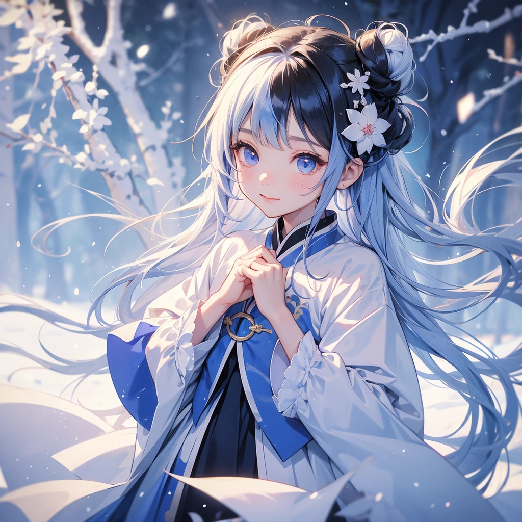 A chibi child girl had a small face and Wearing blue little Taoist priest's outfit. A pair of big round eyes shone with curiosity about him. This child was so cute, Amidst the white snowy atmosphere, the snow is falling lightly, the trees are covered with white snow.


her hair is black with two buns on her hair.small chibi, chibi baby, smiling ,Chibi.

