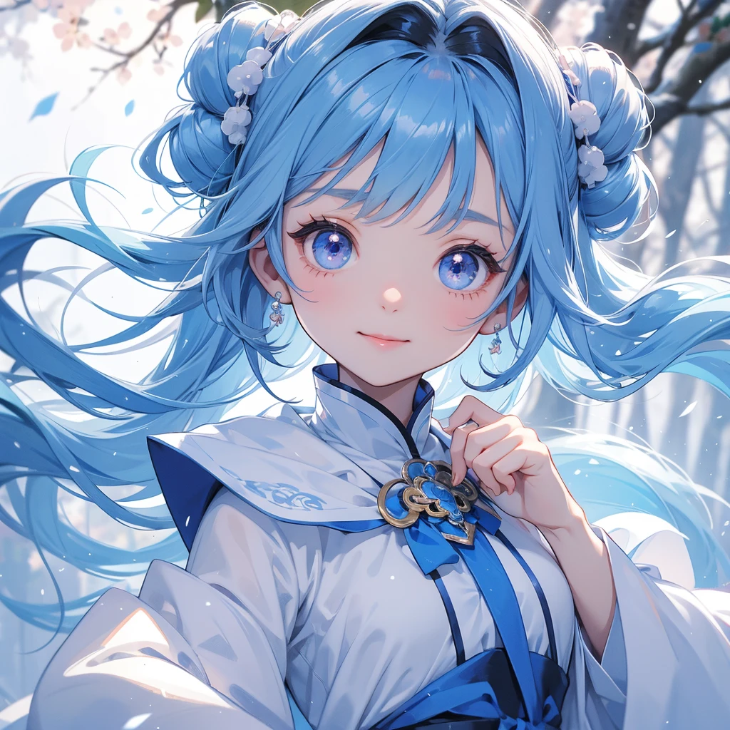 A chibi child girl had a small face and Wearing blue little Taoist priest's outfit. A pair of big round eyes shone with curiosity about him. This child was so cute, Amidst the white snowy atmosphere, the snow is falling lightly, the trees are covered with white snow.
her hair is black with two buns on her hair.small chibi, chibi baby, smiling ,Chibi.