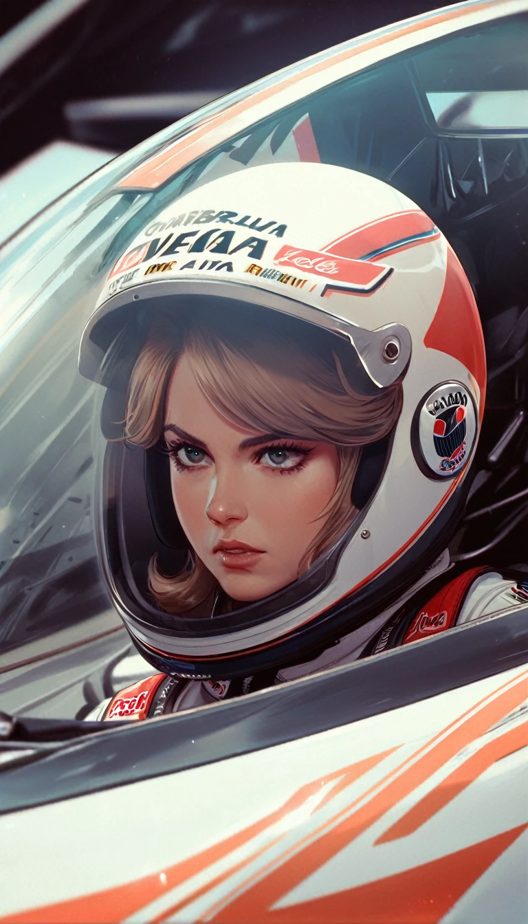 a close up of a woman in a helmet and a helmet on, 2 0 2 1 cinematic 4 k framegrab, barbarella, by Anna Katharina Block, fighter pilot in the cockpit, moody : : wes anderson, retro photography, furious gorgeous woman, sixties, faster, awarded on cgsociety, pompadour, nascar, 2015 cinematography