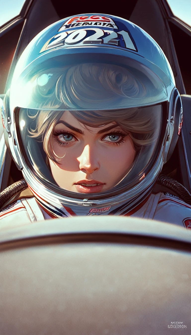 a close up of a woman in a helmet and a helmet on, 2 0 2 1 cinematic 4 k framegrab, barbarella, by Anna Katharina Block, fighter pilot in the cockpit, moody : : wes anderson, retro photography, furious gorgeous woman, sixties, faster, awarded on cgsociety, pompadour, nascar, 2015 cinematography