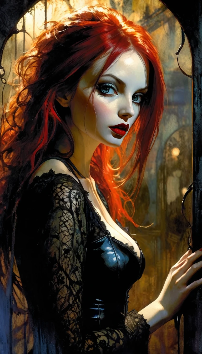 long red hair vampire, sexy gothic costume, sexy, in an abandoned amusement park.,(best quality, 4k, 8k, high resolution, masterpiece: 1.2), ultra-detailed, eroticism, sexy, black and white image, between shadows, oil painting, chiaroscuro, sensual, dramatic lighting, moody atmosphere, photorealistic, intricate details, masterpiece, ultra-detailed, high quality, 8k, best quality, realistic, cinematic, dark and brooding, expressionistic, powerful composition, emotional impact, art inspired by Bill Sienkiewicz and Dave McKean
(realistic, photorealistic, photorealistic: 1.37), details intricate, vivid colors, sharp focus, professional, Dave McKean artwork, surrealism oil touch, oil painting style, portrait, woman, beautiful detailed eyes, beautiful detailed lips, dreamy atmosphere, shadow play, lighting soft, fun pose, dark tones, ethereal background, fantasy elements, texture, layered composition.