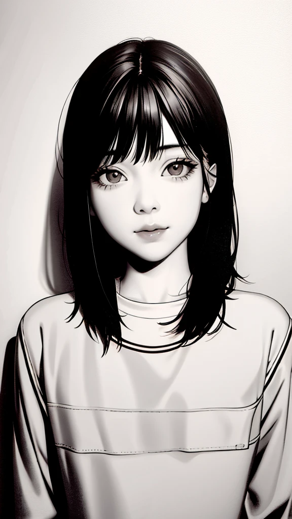 1girl, solo, monochrome, greyscale, short black hair, portrait, shirt, closed mouth, looking at viewer, sketch, graphite \(medium\), small lips, hatching \(texture\), without makeup, bangs,
