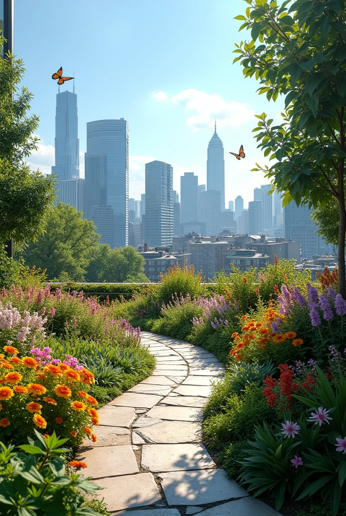 Rooftop garden, curved path, no trees, no pavilion, no seating