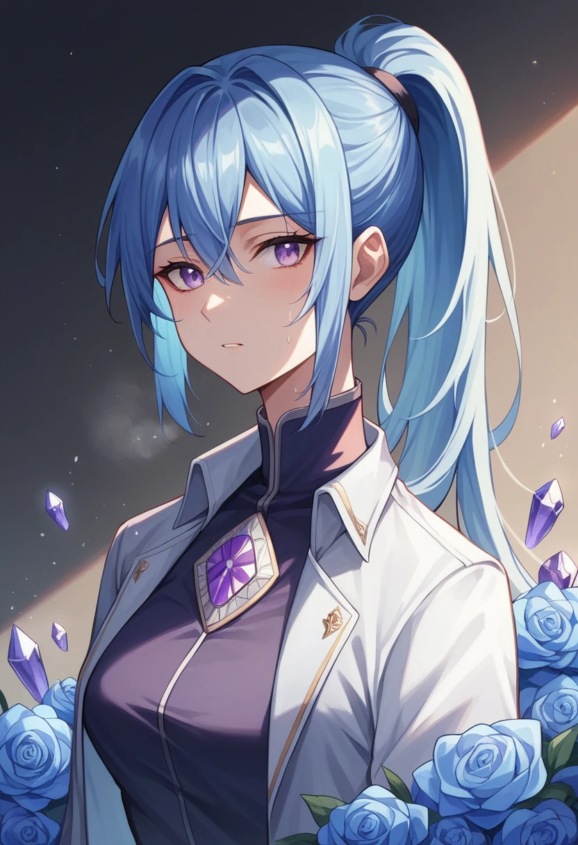 (High quality),(masterpiece),(Beautiful),1 Girl, solo, beautiful,long navy blue hair, ponytail, lavender eyes, high neck shirt,collared full sleeves jacket,amethyst crystal locket, cold gaze, mysterious, blue phoenix in background, soft blue flames, blue flowers