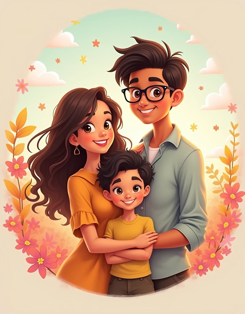Hello, create a photo for my family's group profile, we are 3, My mom, my dad and I am 6. My father and I have curly hair. My mom's name is June, my dad Angel with glasses, and I Izei. The photo doesn't have to be of real people. You can get inspiration from AnimeX or cartoons or something abstract