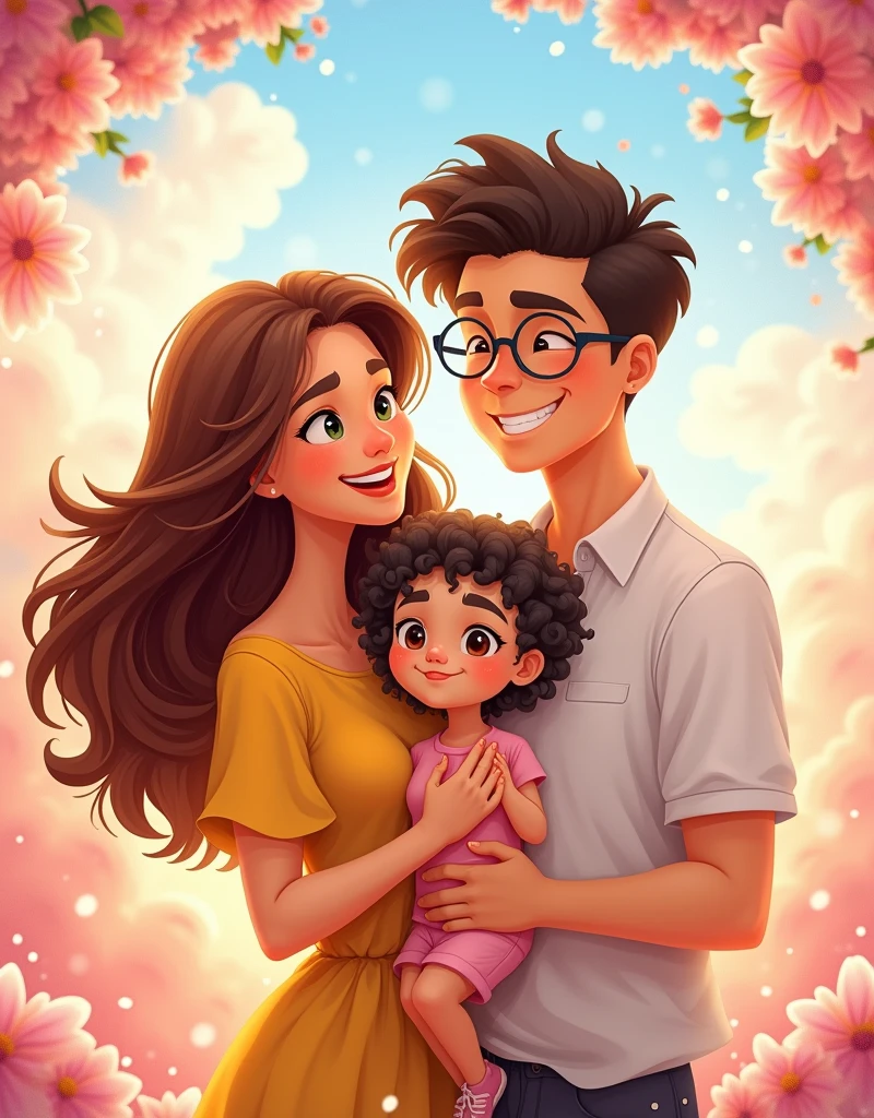 Hello, create a photo for my family's group profile, we are 3, My mom, my dad and I am 6. My father and I have curly hair. My mom's name is June, my dad Angel with glasses, and I Izei. The photo doesn't have to be of real people. You can get inspiration from AnimeX or cartoons or something abstract