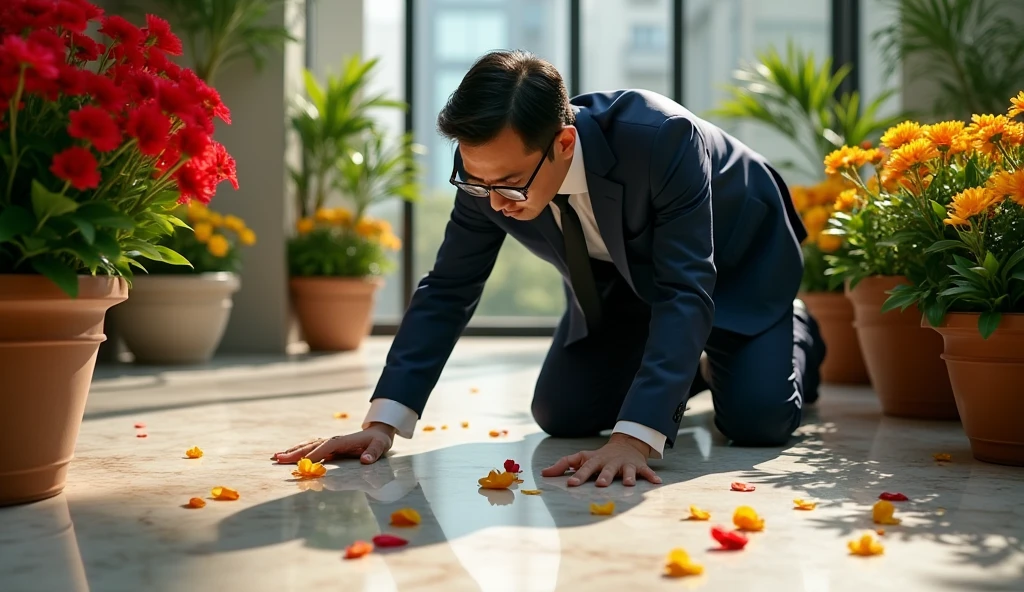 Make the detective Vietnamese. Make a photo of a detective closely observing a murder scene. The background is a flower bed on the first floor of a luxury apartment.