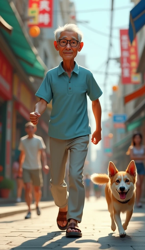 Mr. Tu is an old man over 60 years old., skinny, dark skin, short neat silver hair. He wore a light blue short-sleeved shirt., light gray khaki pants, brown rubber sandals. The Shoe Lost In A Hurry, Mr. Tu dropped a shoe and had to go back to look for it while the dog was still chasing him.. 3D image