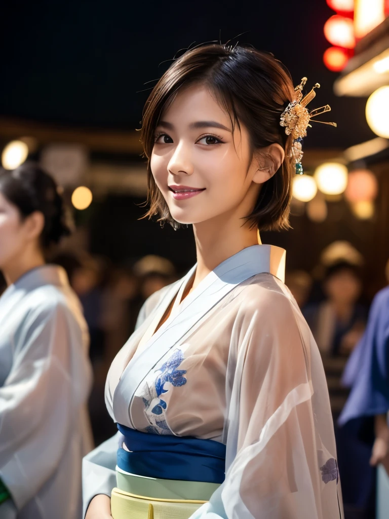 (Highest quality, 16K, Ultra-high resolution, masterpiece: 1.3)), 1 person, Sharp focus: 1.2, Beautiful woman with perfect figure: 1.4, Slim Abs: 1.2, (((Short Bob Hair)), ((rich: 1.4)), ((Face Models: 1.3)), (Kimono with a sense of sheer feeling: 1.5)), Highly detailed face and skin texture, Detailed eyes, double eyelid, (((Temporarily stop)), (attractive)), walk,smile, (night,Summer in Japan,Summer festival,Bon dance), Low Angle, Shooting from below: 1.5, 8K RAW Photos:1.5,