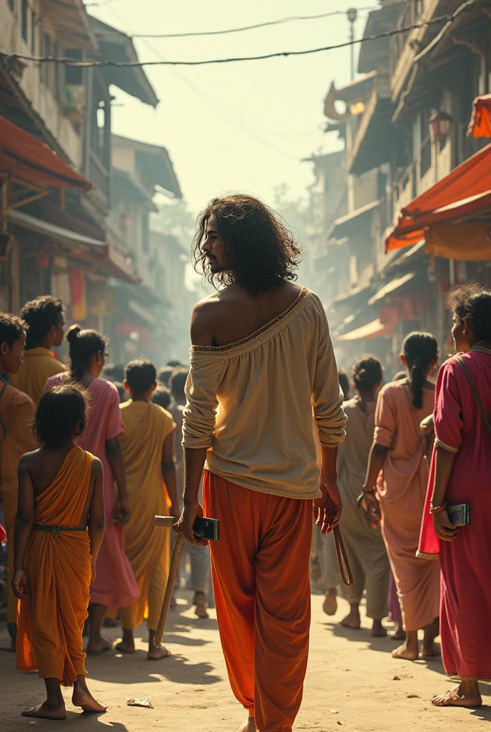 (photorealism:1.2),In indian market, had joind by four street, some young man standing, on middle in road, All road is jaam, people standing on the road, with stick in hand, stick mobile phone, to captchuring , middle on road, wearing loose off-shoulder top, pajama pants, long hair , outdoors, soft lighting, house in background, mahakaal with sunlight, realistic, intricate details, warm colors, by Greg Rutkowski, by Alphonse Mucha