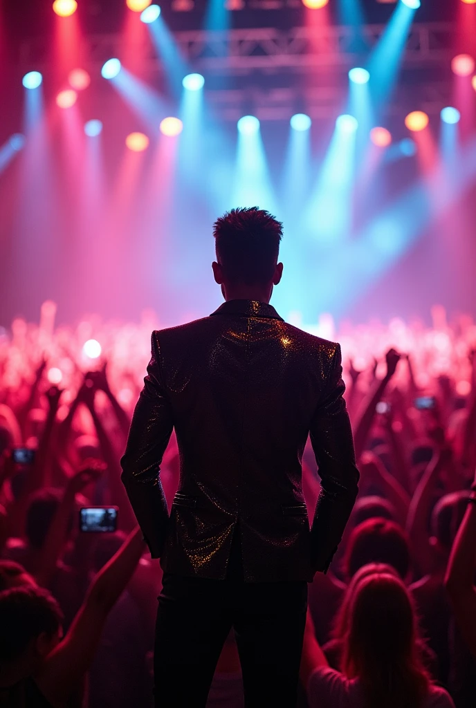 A handsome black superstar on stage in front there's crowd of people 