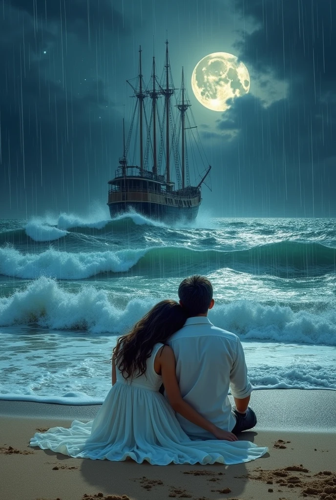 The boy and girl in white dress are sitting on the banks of the sea and wind is moving fast and the girl's head is resting on the boy's shoulder and written girl name TALHA AQSA in sand and it is midnight and it is raining heavily and the moon and stars are there and there is a big boat in the middle of the sea