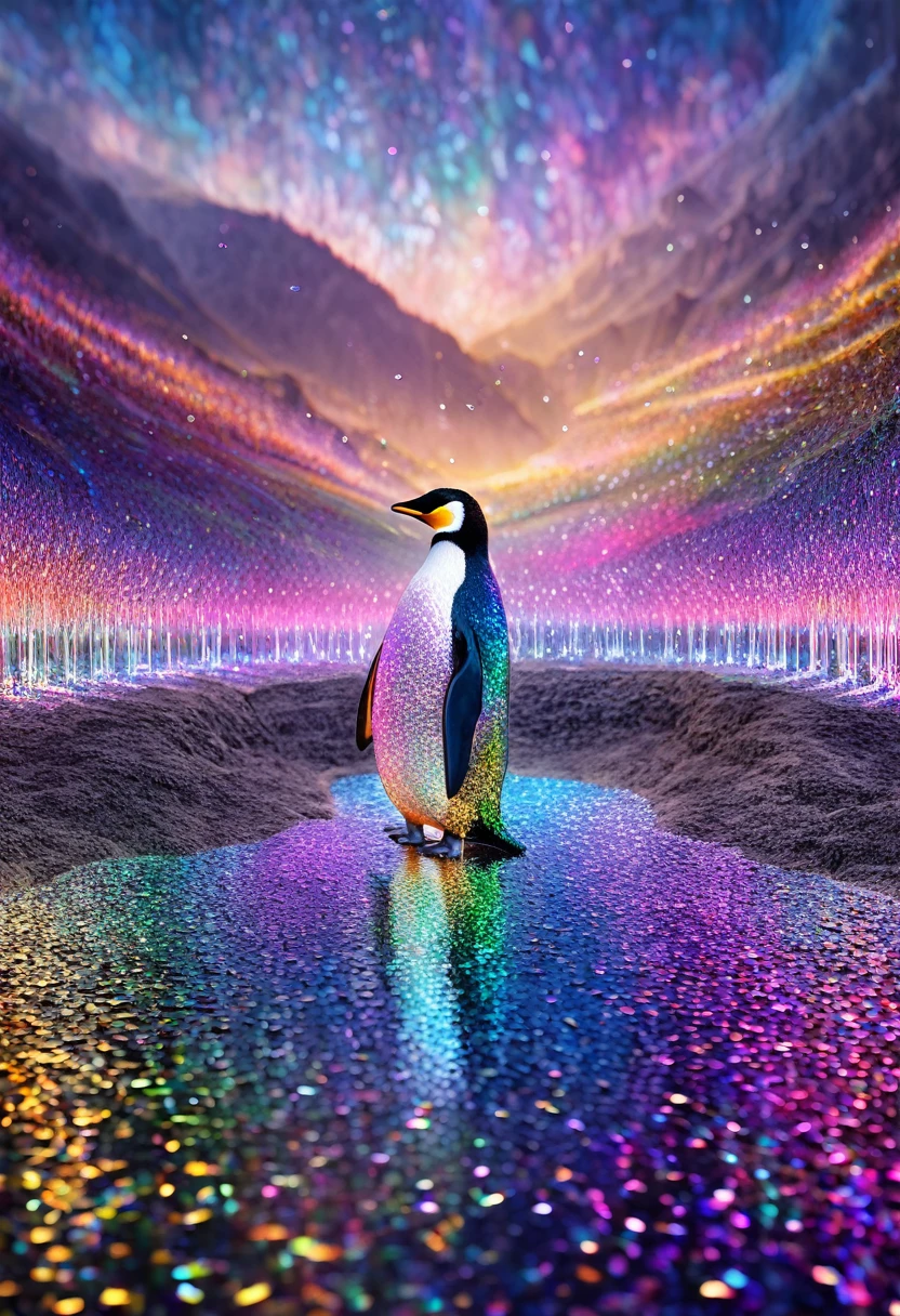 stuffed penguin, fantasy world, glitter effects, conceptual installation art, (ultra detailed, absolutely resolution, best quality:1.3), 2.5D, delicate and dynamic, iridescent effects, artistic, hyper, graphic CG digital art