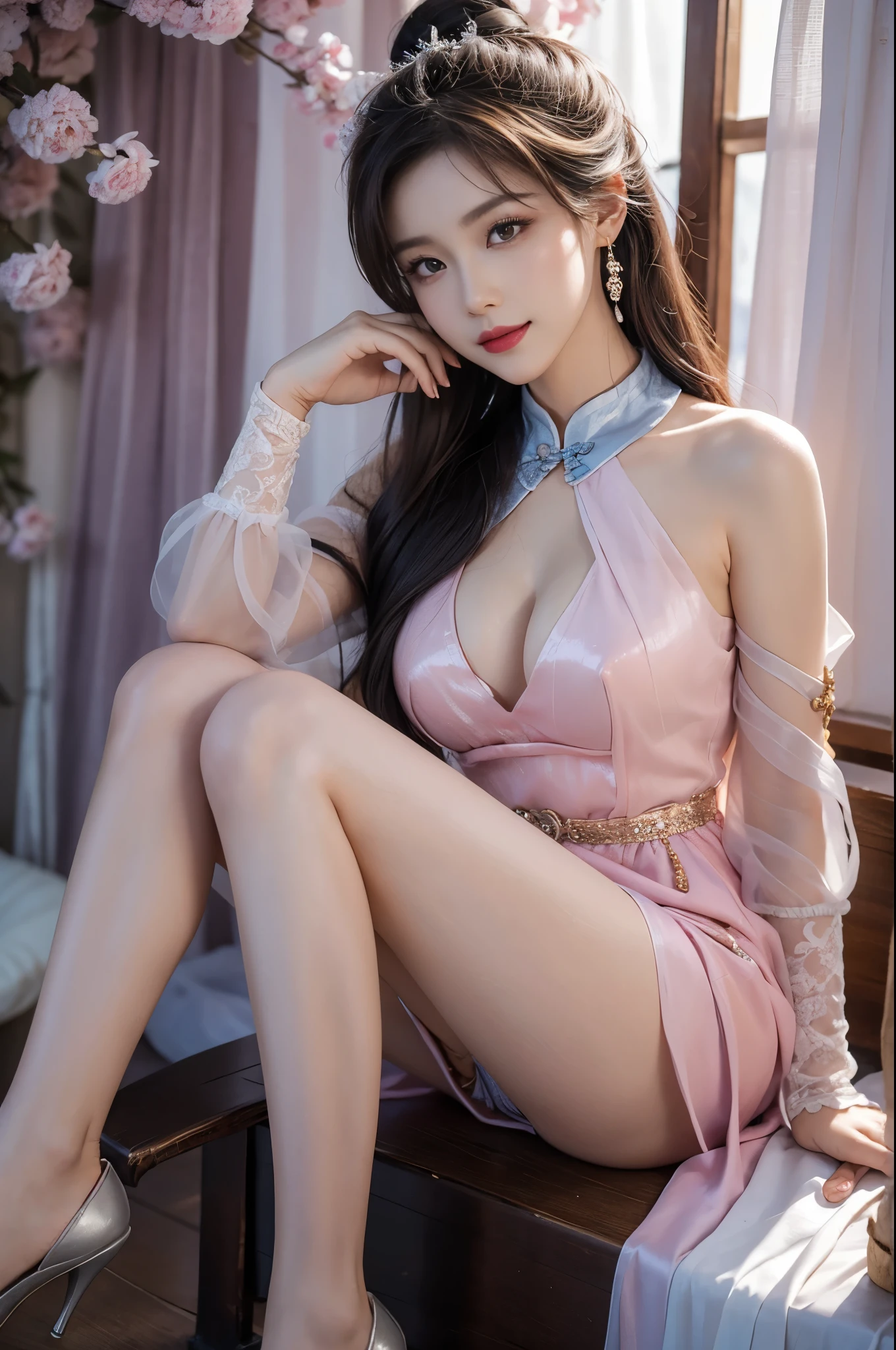 guqinghan,hell,chinese clothes,china dress, A beautiful and moving woman, Elegant posture，Sitting, Full breasts，Visible cleavage，Sexy long legs，Her long hair cascades down her shoulders like a waterfall。She smiles radiantly，Eyes sparkle，Her skin is flawless。Her curves are highlighted。Sparkle in the light，The colors are soft，Perhaps in shades of light pink or lavender。She sat confidently，One hand on hip，Her posture is both graceful and strong。She wears elegant high heels，Goes well with her outfit。Random scenes，In the warm golden sun。The overall atmosphere of the image is tranquil and uplifting，Emphasizing natural beauty and elegance, Studio Lighting,Bright colors, Sweet maiden, sweet smile, make up，shy，Blush，Parted lips，Heavy breathing，moan，Surrealism，Realism，Movie Lighting，Relief，Sony FE GM，Retina，masterpiece，precise，Anatomically correct，Textured Skin，Super Detail，High Detail，best quality，rich and colorful