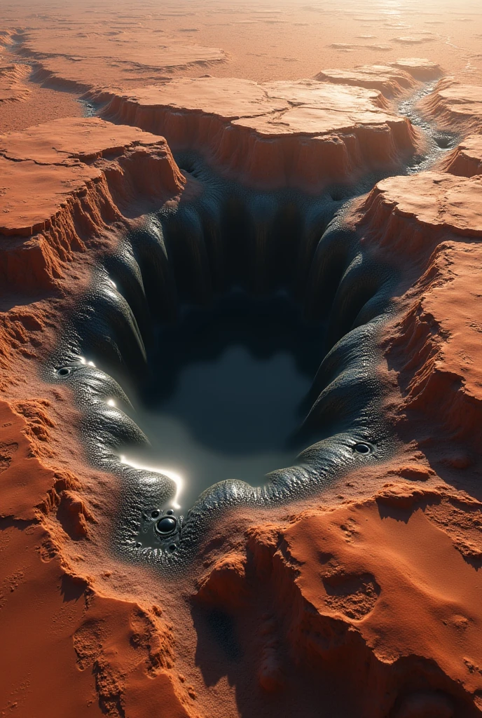 there is a black soap bubble growing in a rift between two Martian land masses, it is now connecting the two land masses, there is foam at the outskirts and base of the bubble, it has smaller bubbles forming at the land masses. the bubble outgrew the rift, 