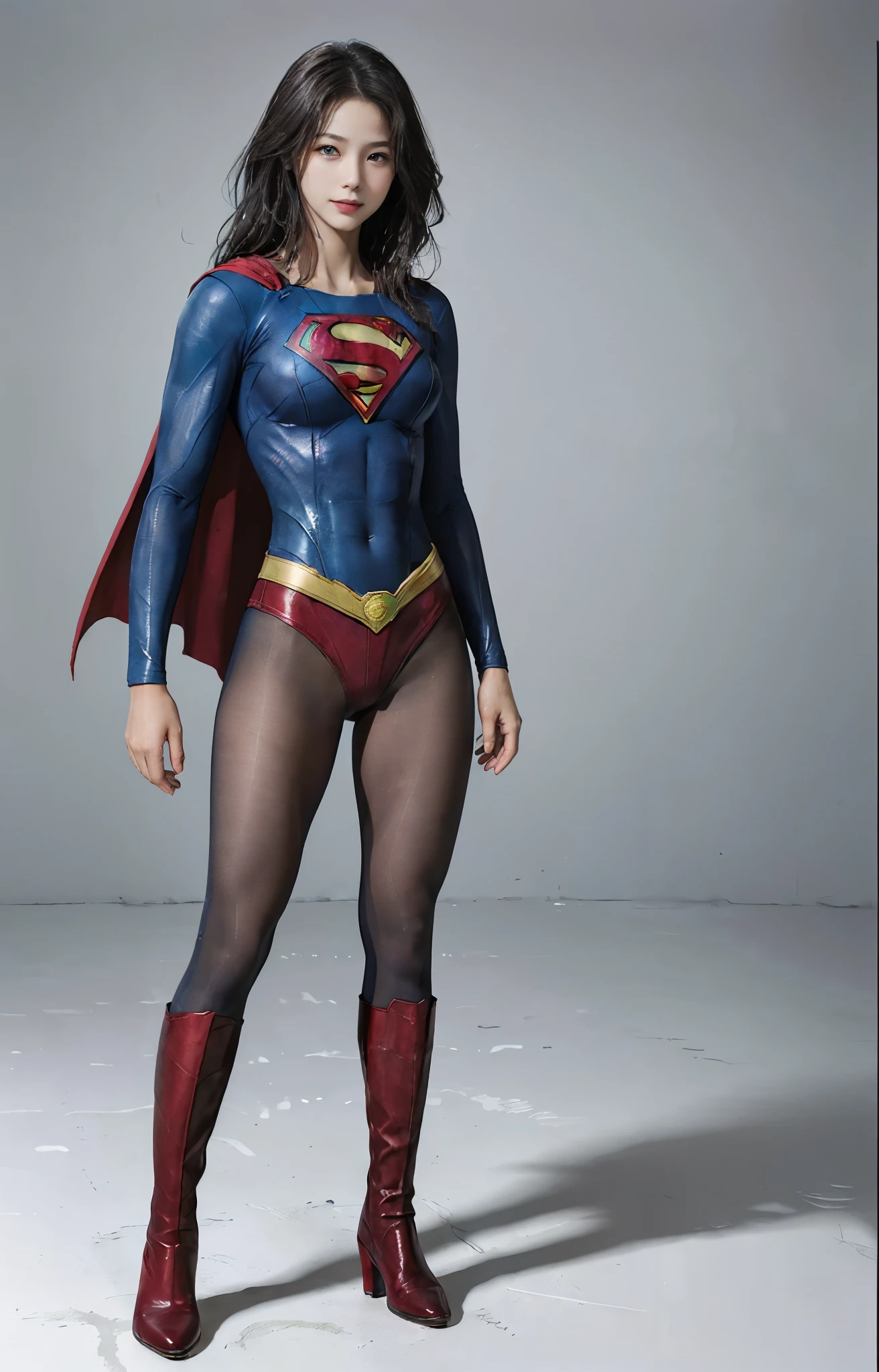 No background、(((Beautiful legs in black tights.)))、(((Legally express the beauty of your smile)))、((((Make the most of your original images)))、(((Supergirl Costume)))、(((Beautiful Hair)))、(((suffering)))、(((Please wear black tights....、Wear red boots)))、((Best image quality、8k))、((Highest quality、8k、masterpiece:1.3))、(((Preserve background )))、Sharp focus:1.2、Beautiful woman with perfect figure:1.4、Slim Abs:1.2、Wet body:1.5、Highly detailed face and skin texture、8k