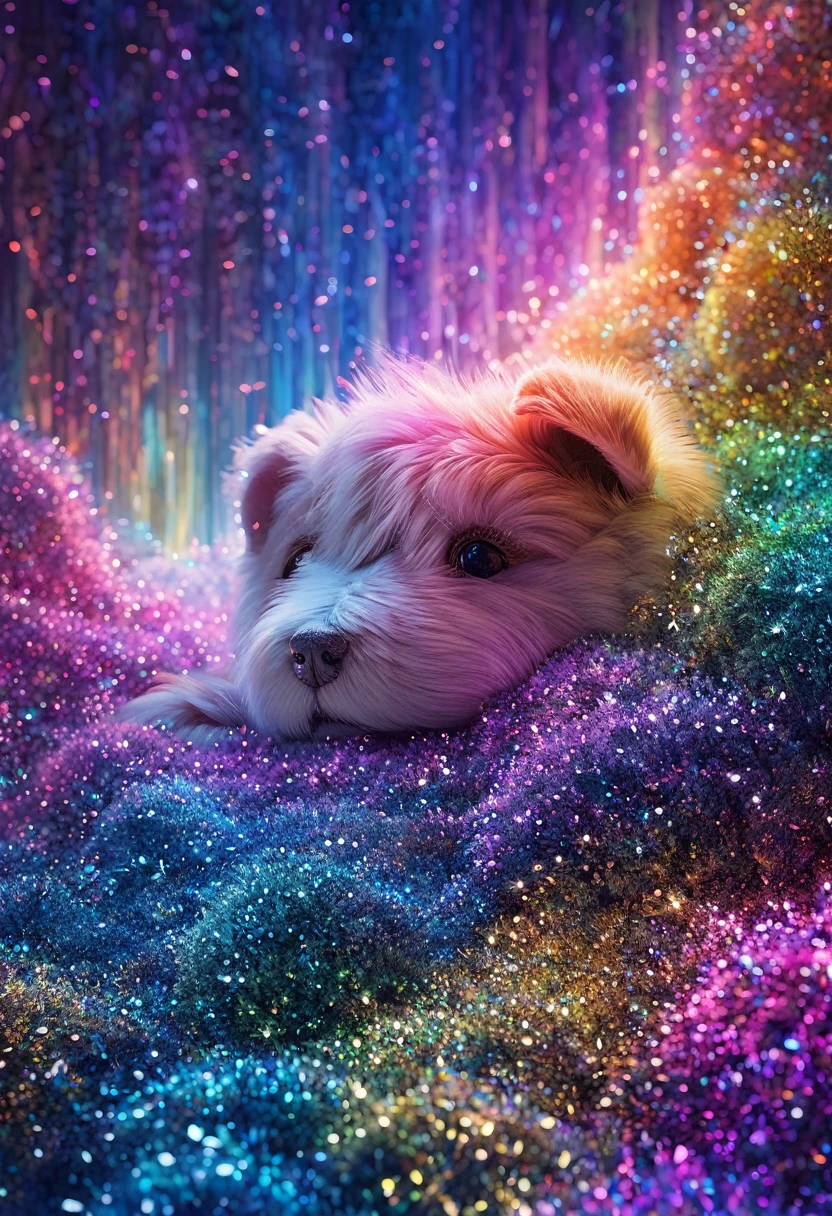 stuffed dog, fantasy world, glitter effects, conceptual installation art, (ultra detailed, absolutely resolution, best quality:1.3), 2.5D, delicate and dynamic, iridescent effects, artistic, hyper, graphic CG digital art